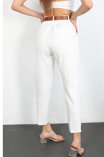 Kemerli Önü Pensli Beyaz Kadın Kumaş Pantolon - Thumbnail