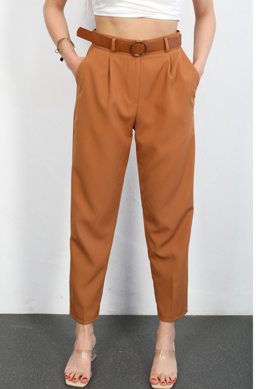 Berox - Kemerli Önü Pensli Camel Kadın Kumaş Pantolon (1)