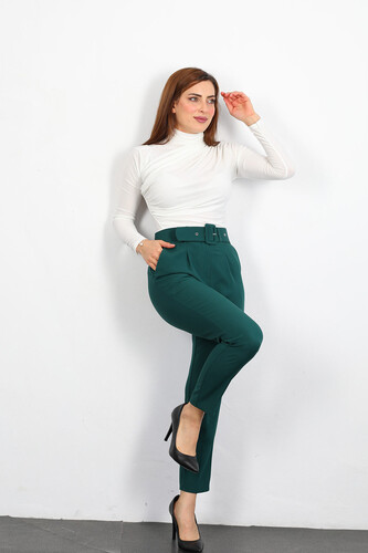 Kemerli Zümrüt Yeşili Kadın Kumaş Pantolon - Thumbnail