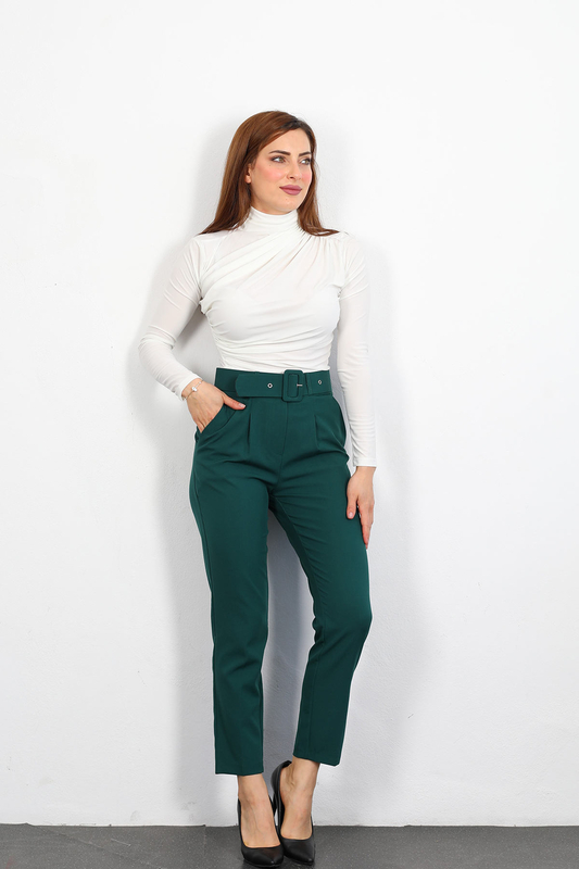 Berox - Kemerli Zümrüt Yeşili Kadın Kumaş Pantolon
