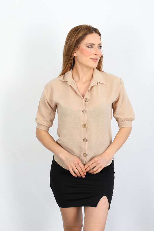 Berox - Kısa Kol Düğmeli Bej Kadın Keten Gömlek (1)