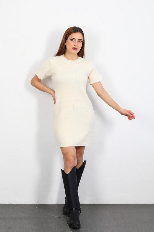 Berox - Kısa Kol Kadın Krem Triko Elbise (1)