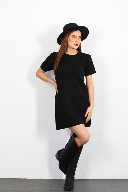 Berox - Kısa Kol Kadın Siyah Triko Elbise (1)