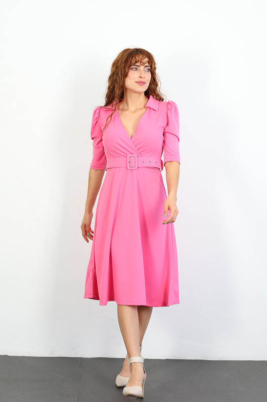 Berox - Klasik Yaka Kemerli Kadın Pembe Çan Elbise