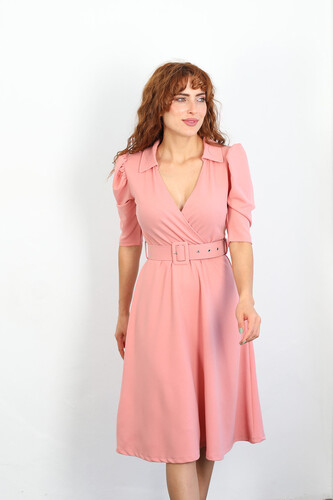 Berox - Klasik Yaka Kemerli Kadın Pudra Çan Elbise (1)