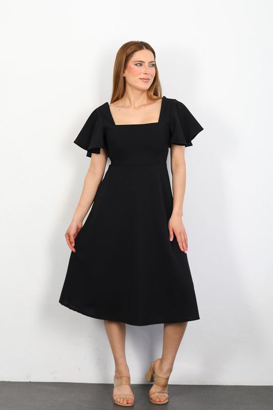 Berox - Kolları Fırfırlı Kare Yaka Kloş Siyah Kadın Elbise