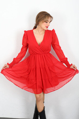 Berox - Kolları Fırfırlı Katlı Kırmızı Kadın Şifon Elbise (1)