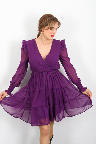 Berox - Kolları Fırfırlı Katlı Mor Kadın Şifon Elbise (1)