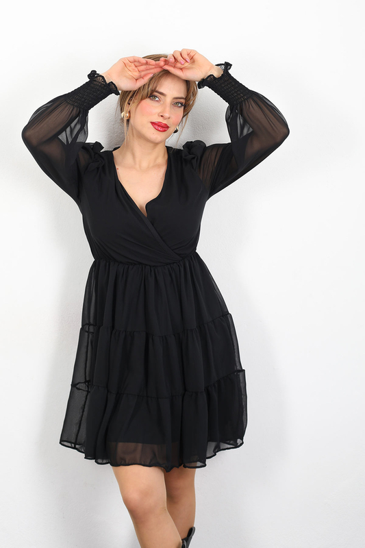 Berox - Kolları Fırfırlı Katlı Siyah Kadın Şifon Elbise (1)