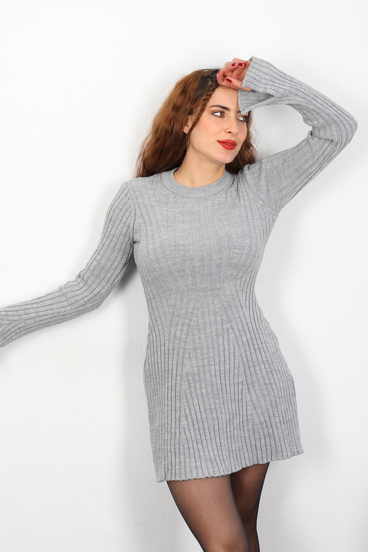 Berox - Kolları Yırtmaçlı Kadın Gri Fitilli Triko Elbise (1)