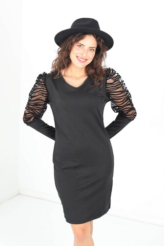 Berox - Kolu Tül Çizgi Desen Siyah Kadın Çelik Elbise (1)