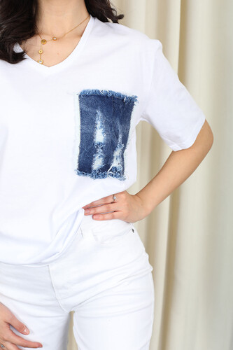 Berox - Kot Cepli Beyaz Kadın V Yaka T-Shirt (1)