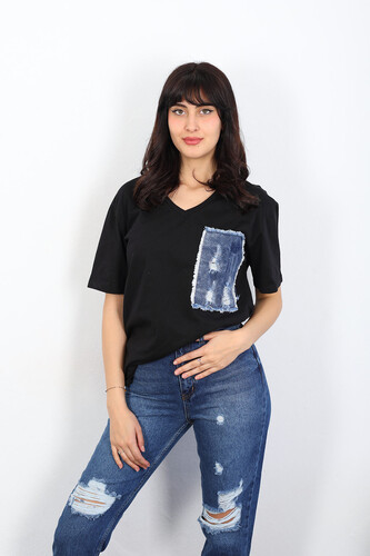 Berox - Kot Cepli Siyah Kadın V Yaka T-Shirt
