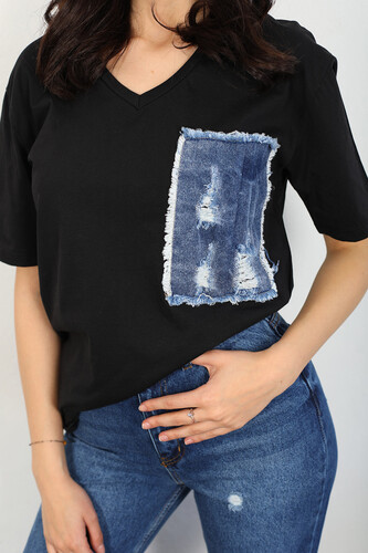 Berox - Kot Cepli Siyah Kadın V Yaka T-Shirt (1)