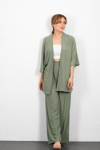 Berox - Krep Kumaş Mint Yeşili Kadın Kimono Takım