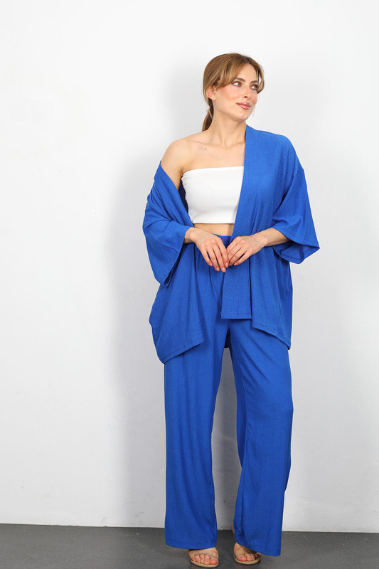 Berox - Krep Kumaş Saks Mavisi Kadın Kimono Takım