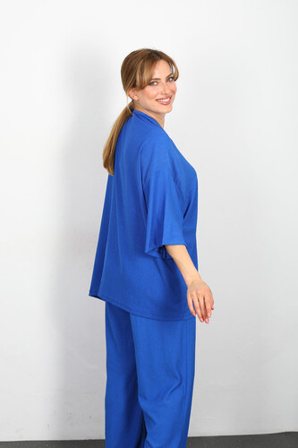 Krep Kumaş Saks Mavisi Kadın Kimono Takım - Thumbnail