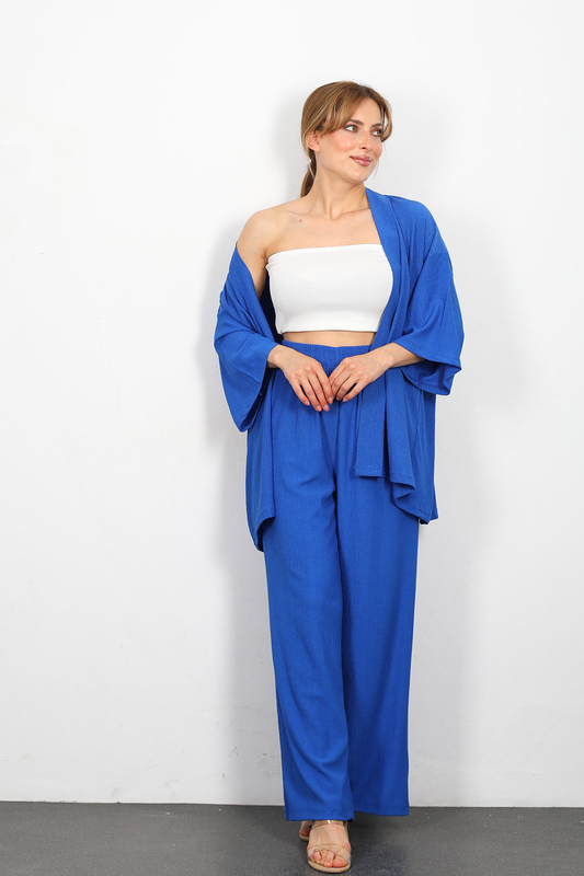 Berox - Krep Kumaş Saks Mavisi Kadın Kimono Takım (1)