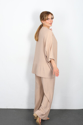 Krep Kumaş Taş Rengi Kadın Kimono Takım - Thumbnail
