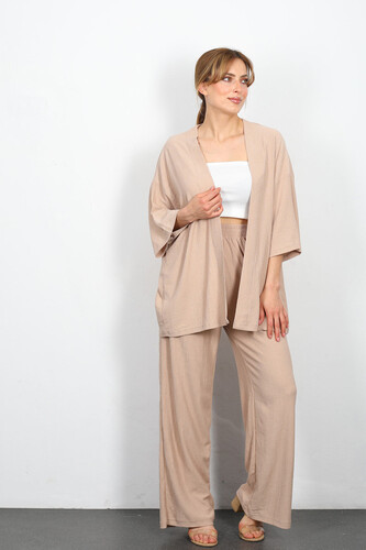 Berox - Krep Kumaş Taş Rengi Kadın Kimono Takım