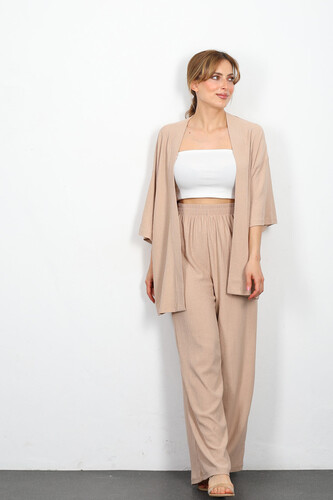 Krep Kumaş Taş Rengi Kadın Kimono Takım - Thumbnail