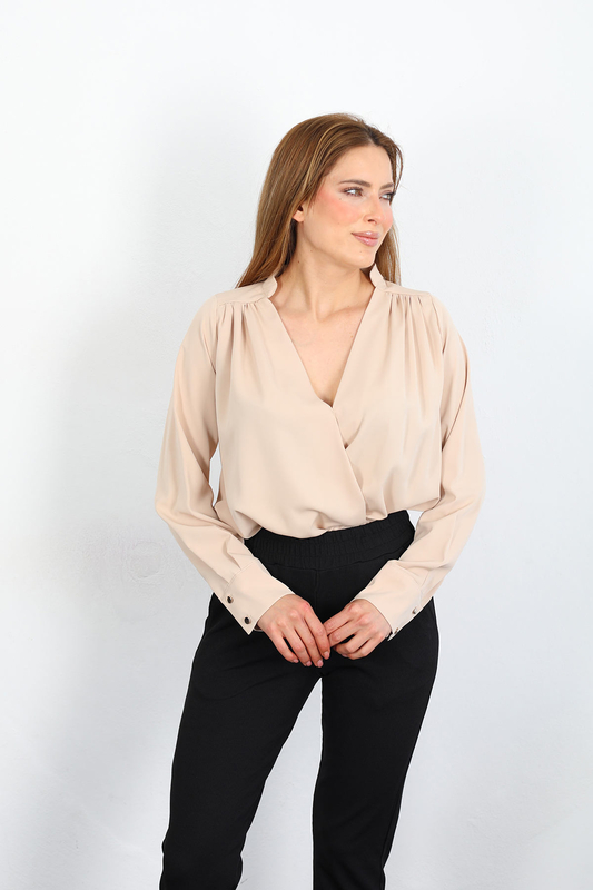 Berox - Kruvaze Yaka Ayrobin Taş Rengi Kadın Gömlek Bluz (1)