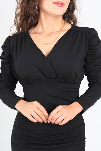 Berox - Kruvaze Yaka Büzgülü Asimetrik Siyah Kadın Drape Elbise (1)