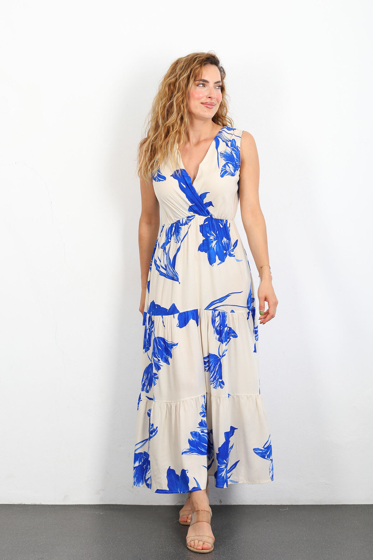 Berox - Kruvaze Yaka Çiçek Desenli Parçalı Saks Mavisi Kadın Uzun Elbise