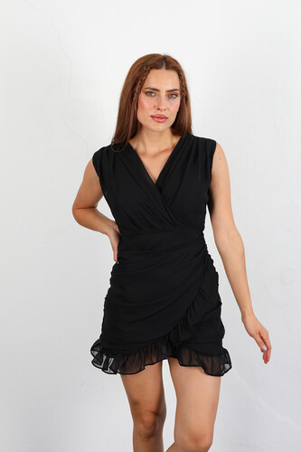 Berox - Kruvaze Yaka Fırfır Detaylı Kolsuz Drape Siyah Kadın Şifon Elbise