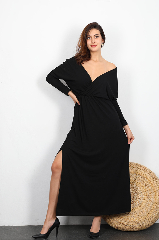 Berox - Kruvaze Yaka Kadın Siyah Yırtmaçlı Elbise (1)