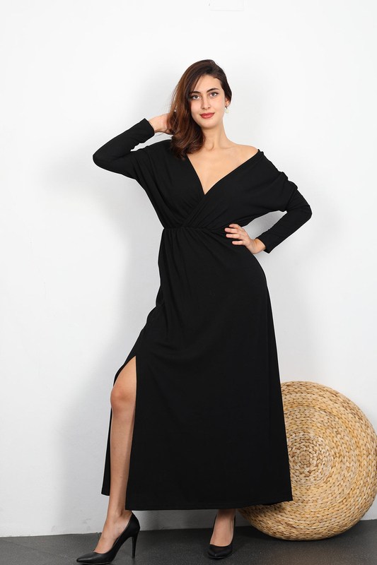 Berox - Kruvaze Yaka Kadın Siyah Yırtmaçlı Elbise