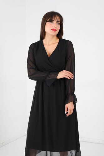 Berox - Kruvaze Yaka Kemerli Siyah Kadın Şifon Elbise (1)