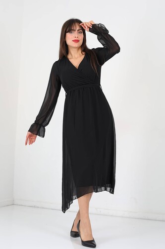 Berox - Kruvaze Yaka Kemerli Siyah Kadın Şifon Elbise
