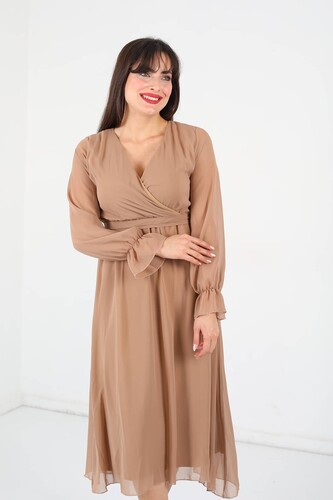Berox - Kruvaze Yaka Kemerli Vizon Kadın Şifon Elbise (1)