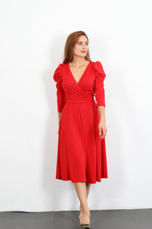 Berox - Kruvaze Yaka Kemerli Yıtmaçlı Kadın Kırmızı Kapri Kol Elbise