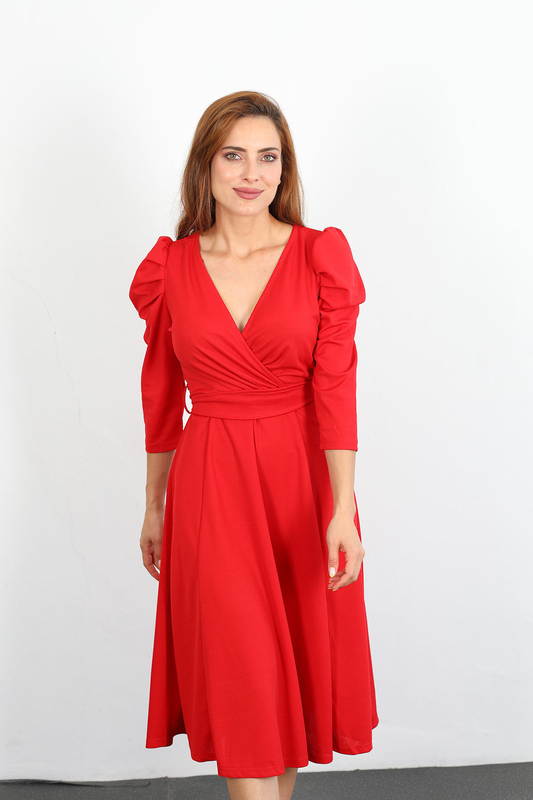 Berox - Kruvaze Yaka Kemerli Yıtmaçlı Kadın Kırmızı Kapri Kol Elbise (1)