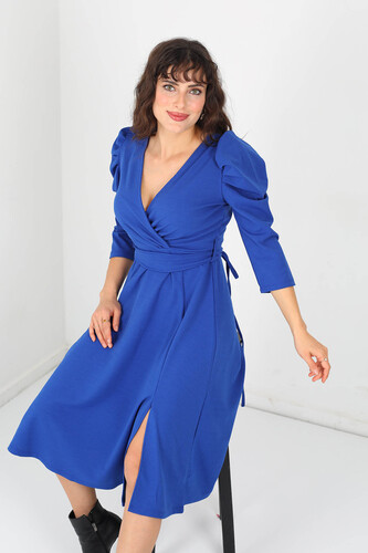 Berox - Kruvaze Yaka Kemerli Yıtmaçlı Kadın Mavi Kapri Kol Elbise (1)