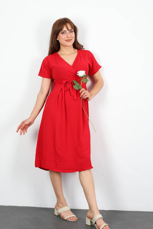 Berox - Kruvaze Yaka Kuşaklı Kırmızı Kadın Elbise
