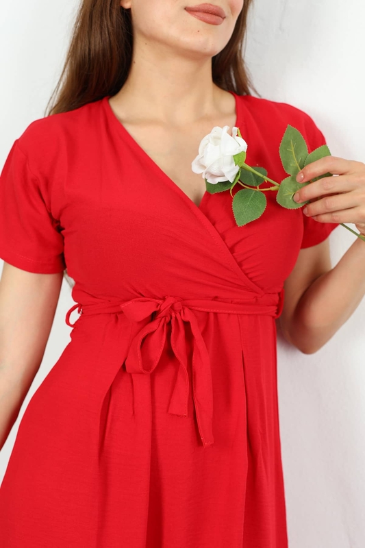 Berox - Kruvaze Yaka Kuşaklı Kırmızı Kadın Elbise (1)