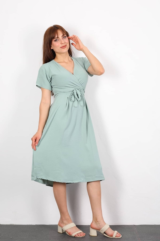 Berox - Kruvaze Yaka Kuşaklı Mint Yeşili Kadın Elbise