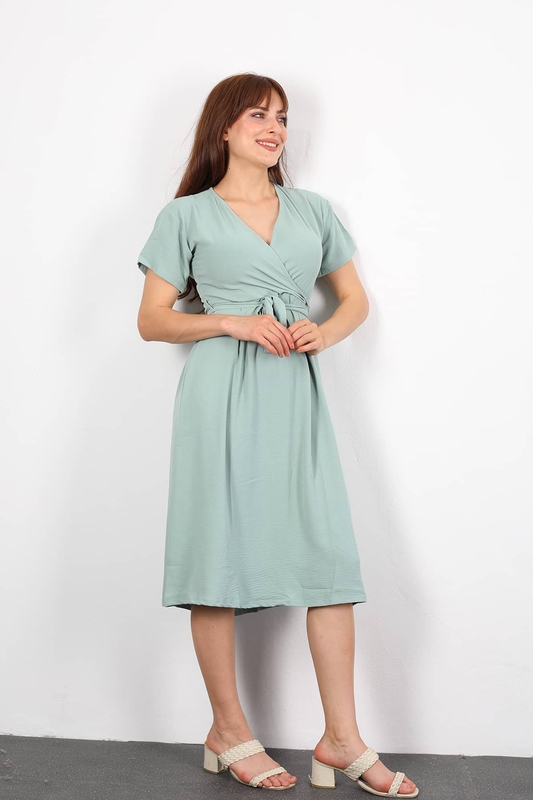 Berox - Kruvaze Yaka Kuşaklı Mint Yeşili Kadın Elbise (1)