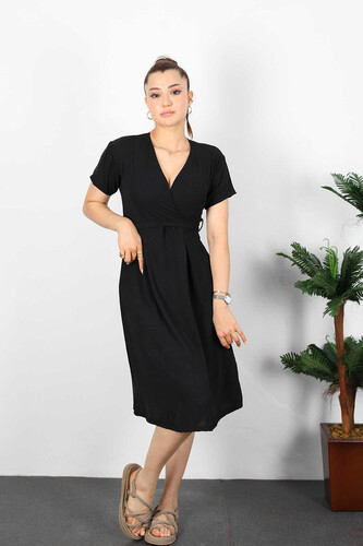 Berox - Kruvaze Yaka Kuşaklı Siyah Kadın Elbise (1)