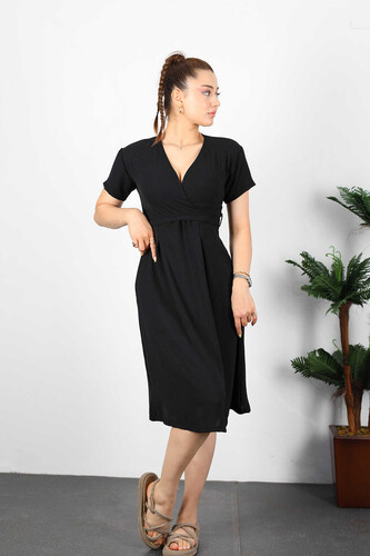 Berox - Kruvaze Yaka Kuşaklı Siyah Kadın Elbise
