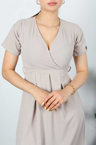 Berox - Kruvaze Yaka Kuşaklı Taş Rengi Kadın Elbise (1)