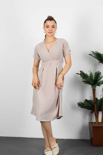 Berox - Kruvaze Yaka Kuşaklı Taş Rengi Kadın Elbise