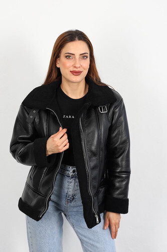 Berox - Lamineli Yaka Detay Kadın Siyah Deri Biker Ceket