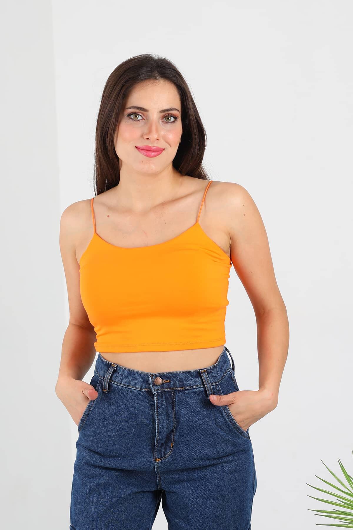 Berox - Lastik Askılı Turuncu Kadın Crop Top