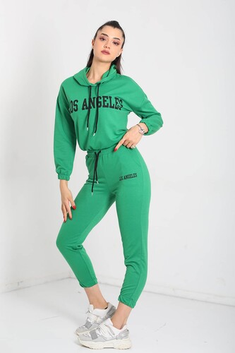 Berox - Los Angeles Baskılı Kapüşonlu Zümrüt Yeşili Kadın Sweat Takım