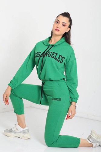 Berox - Los Angeles Baskılı Kapüşonlu Zümrüt Yeşili Kadın Sweat Takım (1)