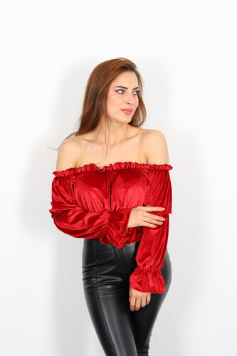 Berox - Madonna Yaka Beli Lastikli Büzgülü Kadın Kırmızı Kadife Bluz